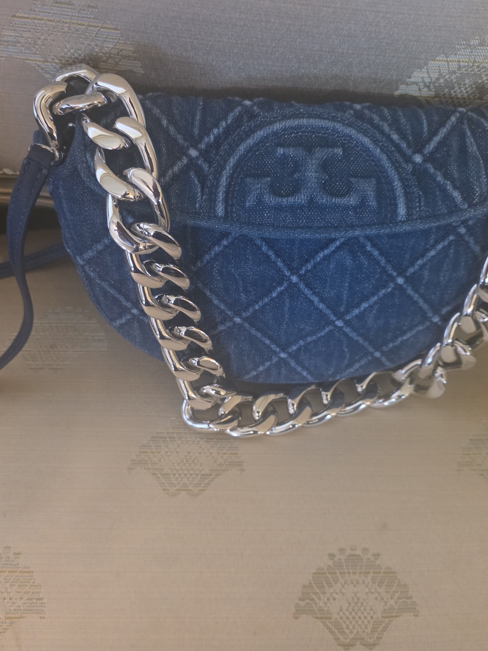 Tory Burch Quilted Denim Shoulder Bag with Silver Chain